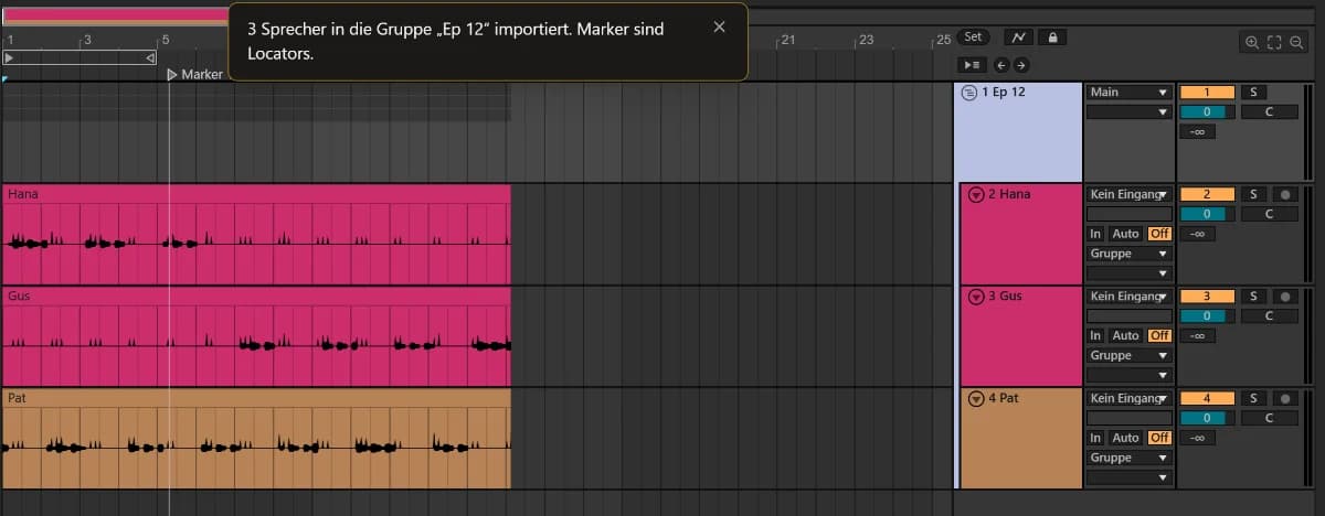 Der TuttiDAW-Editor mit der Gruppe Ep 12 und je einer Audiospur für Hana, Gus und Pat.