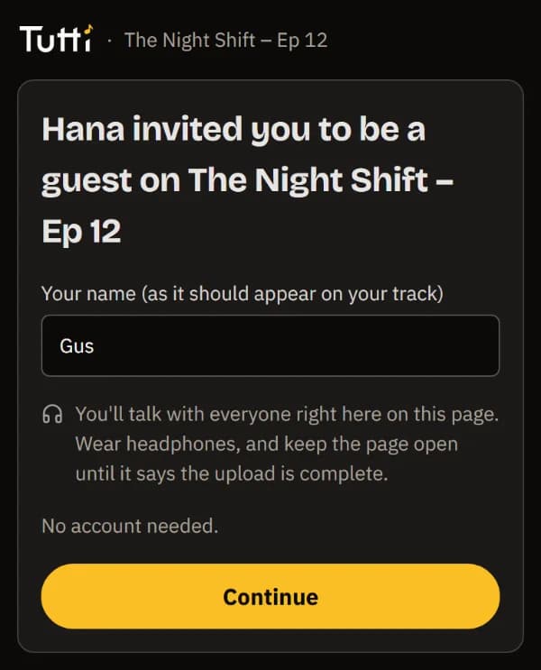 The guest's welcome screen on a phone: Hana invited you to be a guest, your name, no account needed.