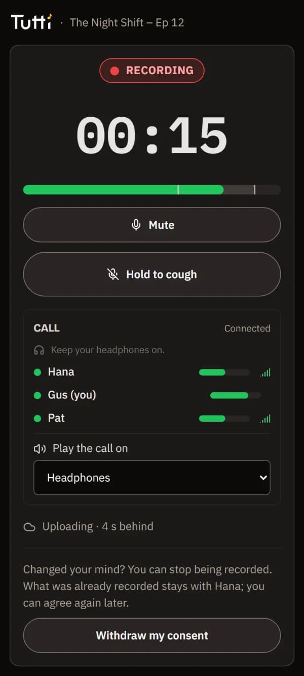 Recording on the guest's phone: the Recording badge, the timer, a level meter, Mute and Hold to cough.