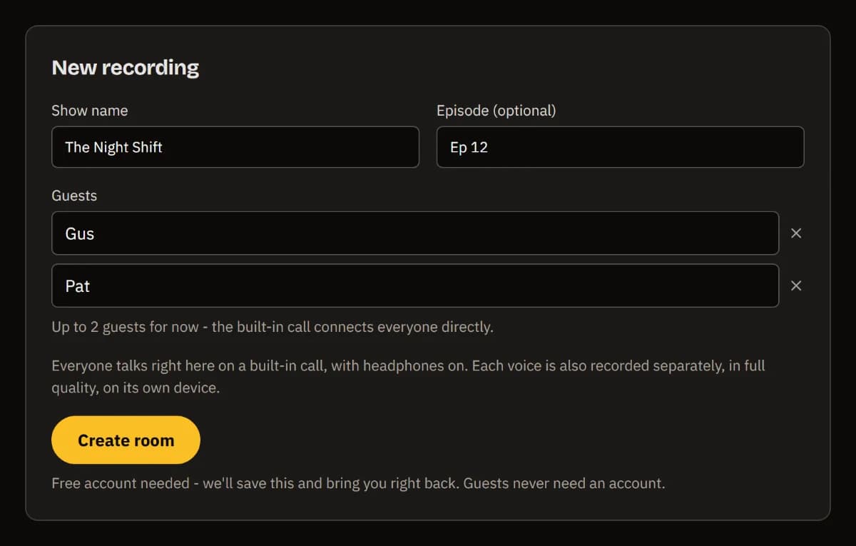 The New recording form filled in: show The Night Shift, episode Ep 12, guests Gus and Pat, and the Create room button.