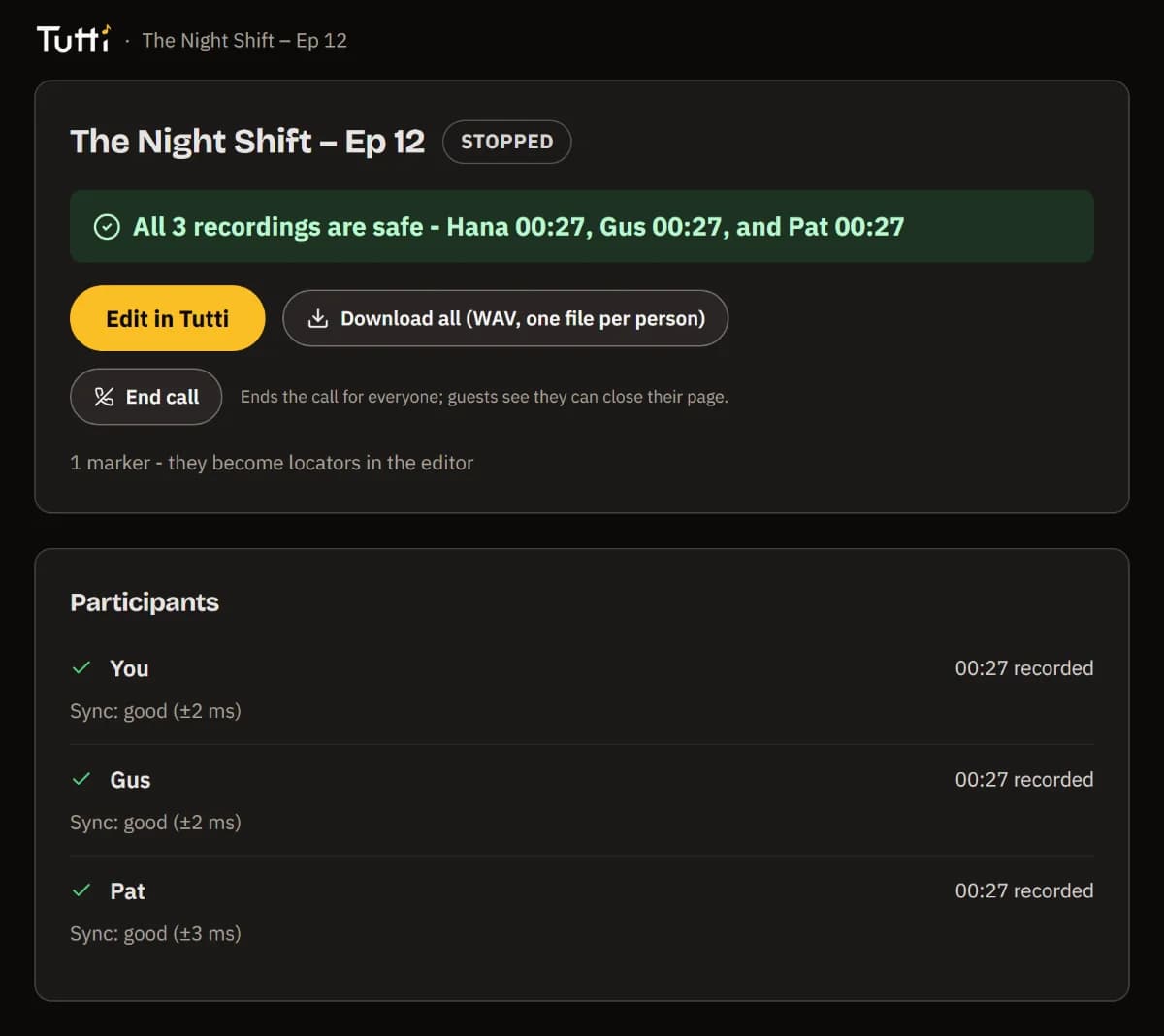 All 3 recordings are safe, with the Edit in TuttiDAW and Download all buttons.