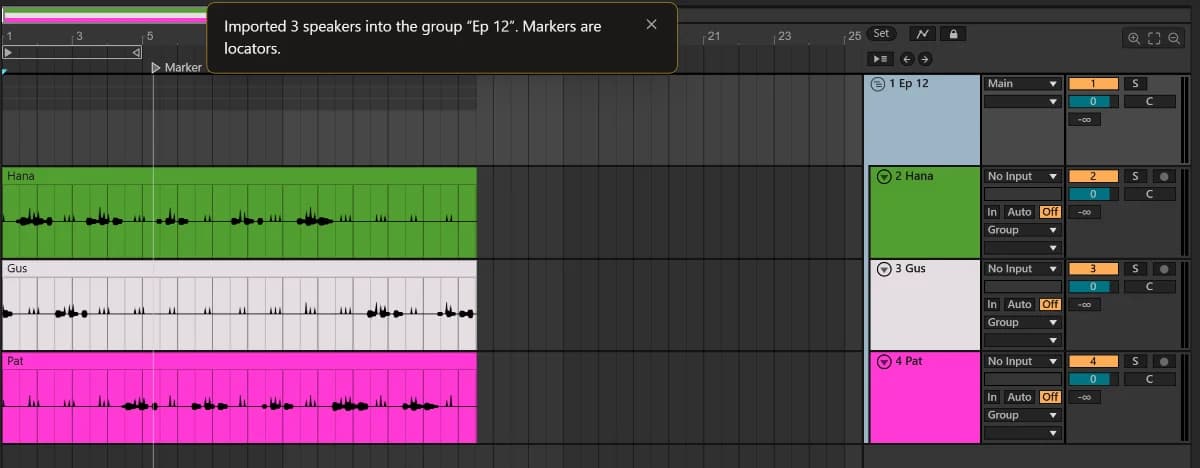 The TuttiDAW editor with the group Ep 12 and one audio track each for Hana, Gus and Pat.