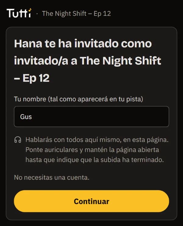 La pantalla de bienvenida del invitado en el móvil: Hana te invita, tu nombre, no necesitas una cuenta.