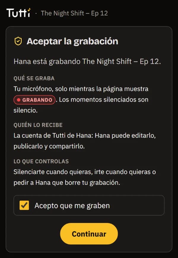 La pantalla de consentimiento: qué se graba, quién lo recibe, tu control y la casilla Acepto que me graben.