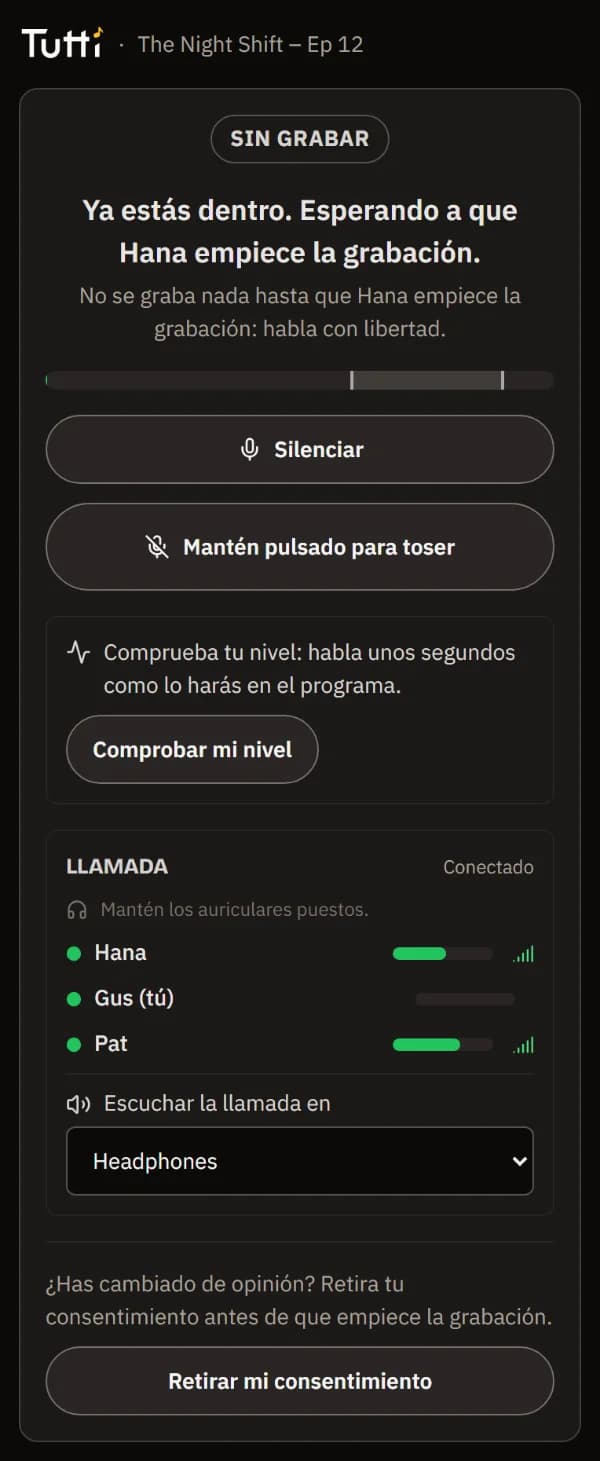 La sala de espera: sin grabar, esperando a que Hana empiece, con la llamada y el nivel de cada uno.