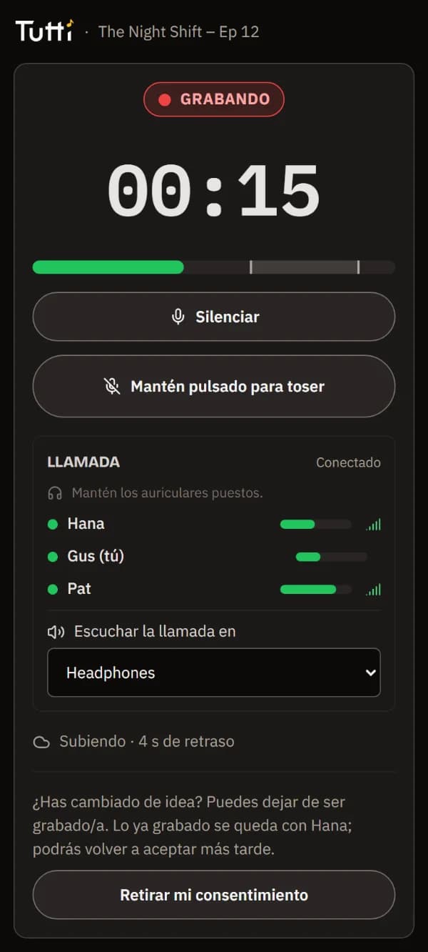 Grabando en el móvil del invitado: la etiqueta de grabación, el cronómetro, el medidor, Silenciar y Mantén pulsado para toser.