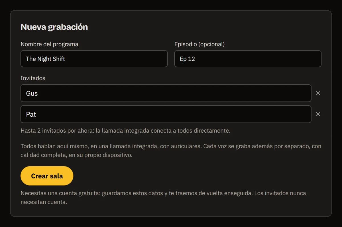 El formulario Nueva grabación relleno: programa The Night Shift, episodio Ep 12, invitados Gus y Pat, y el botón Crear sala.