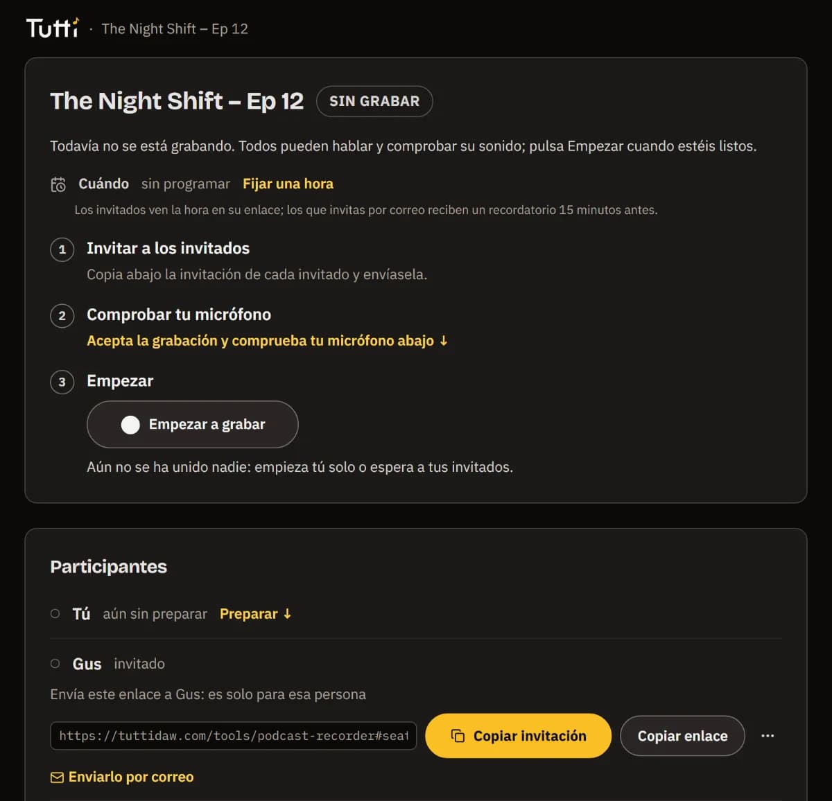 La sala del anfitrión con su lista 1-2-3 y un botón Copiar invitación por invitado.