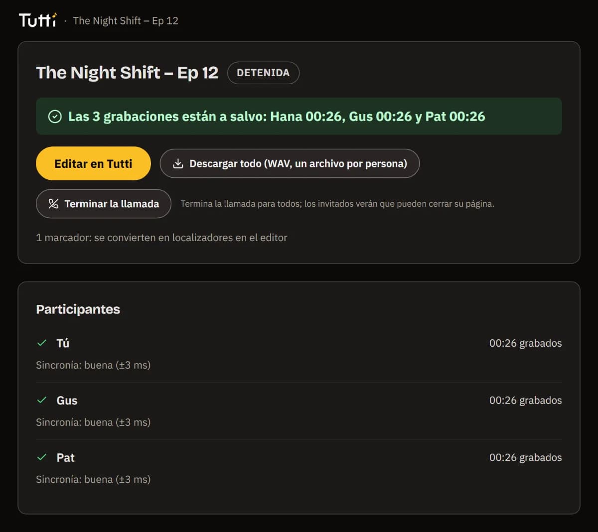Las 3 grabaciones están a salvo, con los botones Editar en TuttiDAW y Descargar todo.