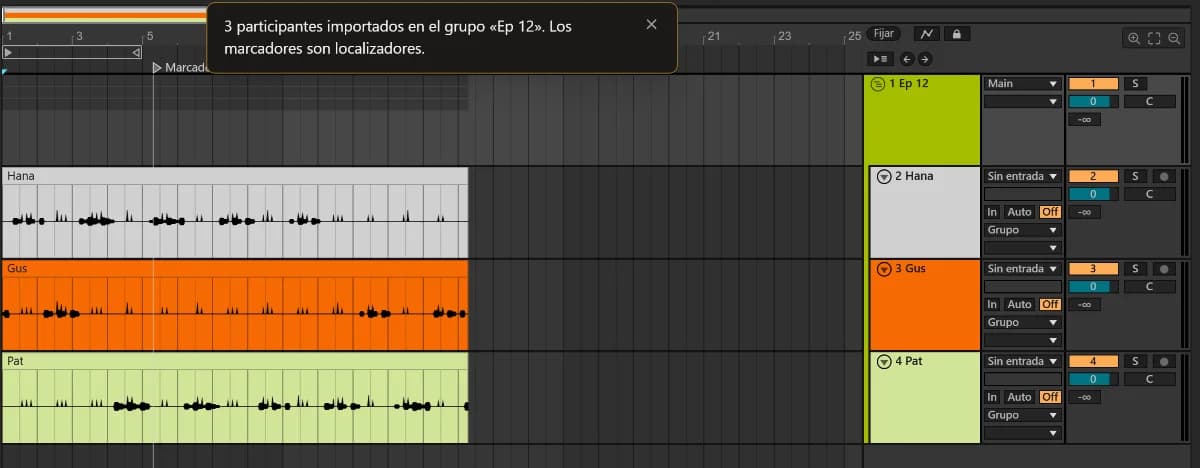 El editor de TuttiDAW con el grupo Ep 12 y una pista de audio para Hana, Gus y Pat.