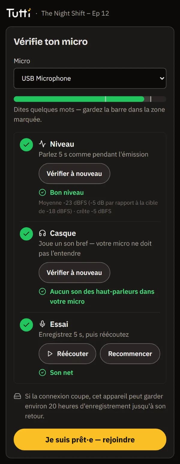 La vérification du micro avec Niveau, Casque et Test cochés, et le bouton pour rejoindre.