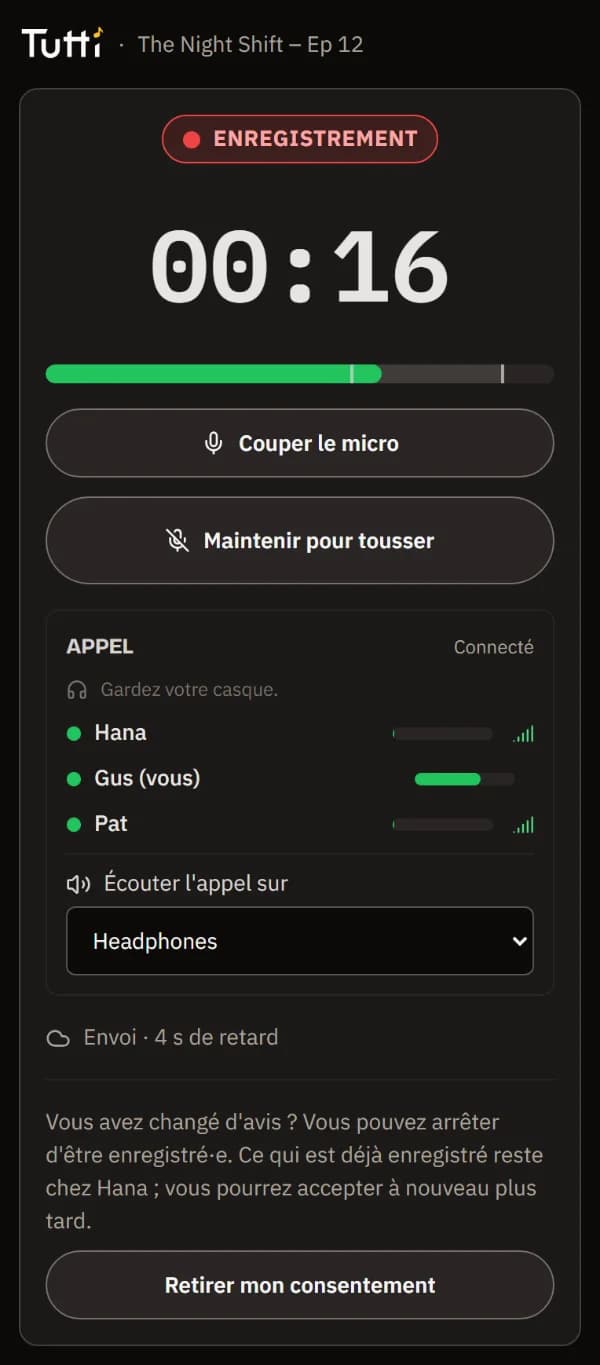 L'enregistrement sur le téléphone de l'invité : badge d'enregistrement, chrono, vumètre, Couper le micro et Maintenir pour tousser.