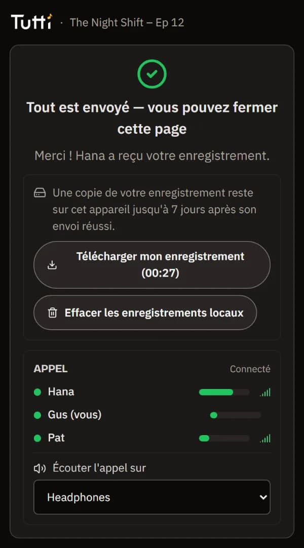 Tout est envoyé : vous pouvez fermer cette page, avec un bouton pour télécharger votre propre copie.