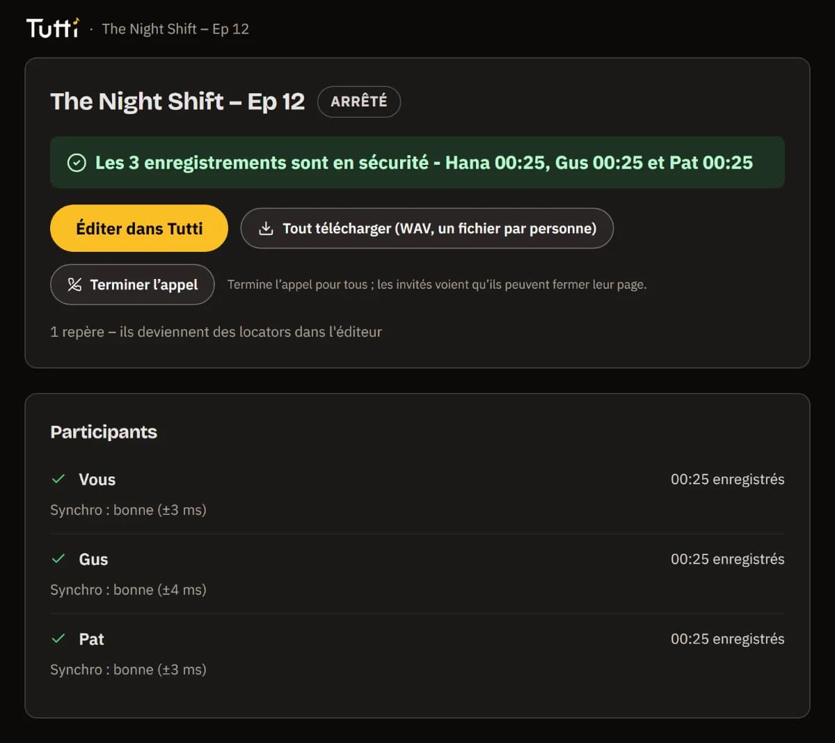 Les 3 enregistrements sont en sécurité, avec les boutons Éditer dans TuttiDAW et Tout télécharger.