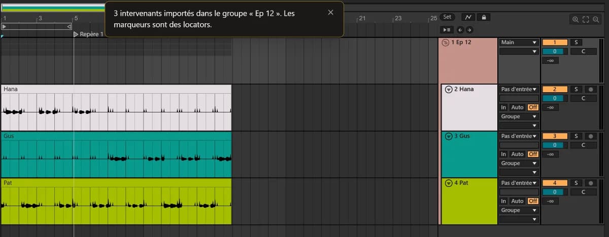L'éditeur TuttiDAW avec le groupe Ep 12 et une piste audio pour Hana, Gus et Pat.