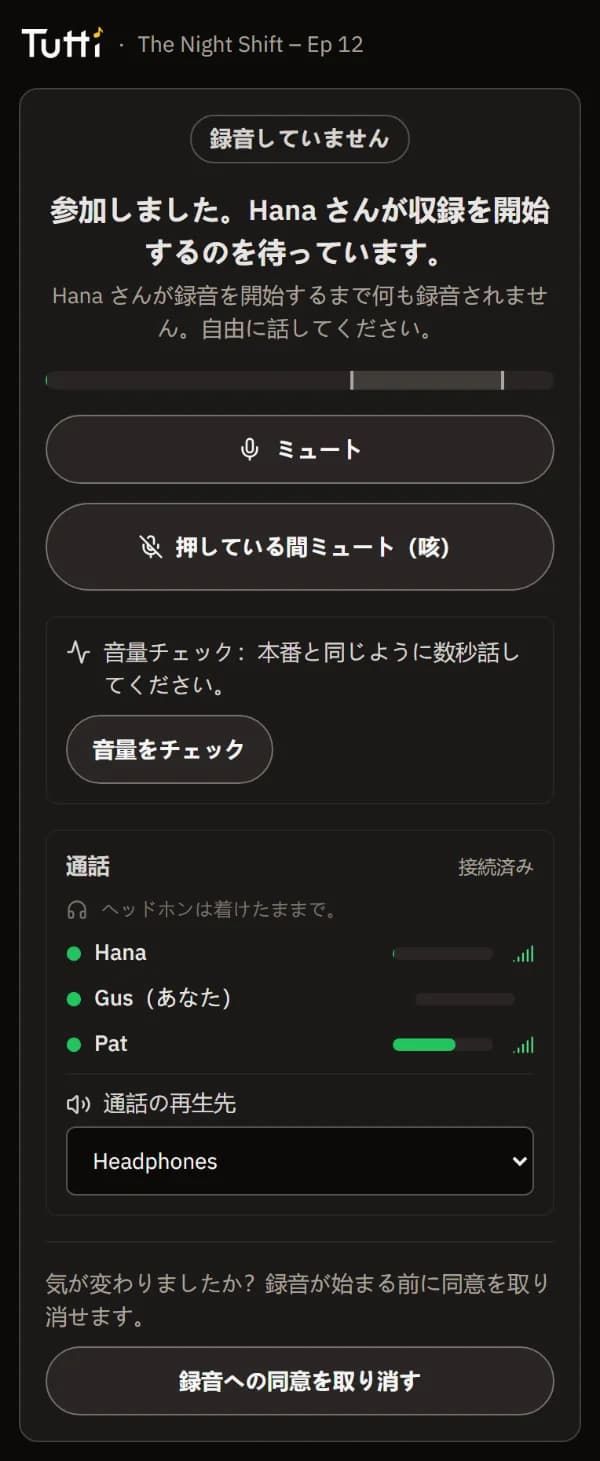 待機画面：未録音、Hana さんの開始待ち、通話と全員のレベル。