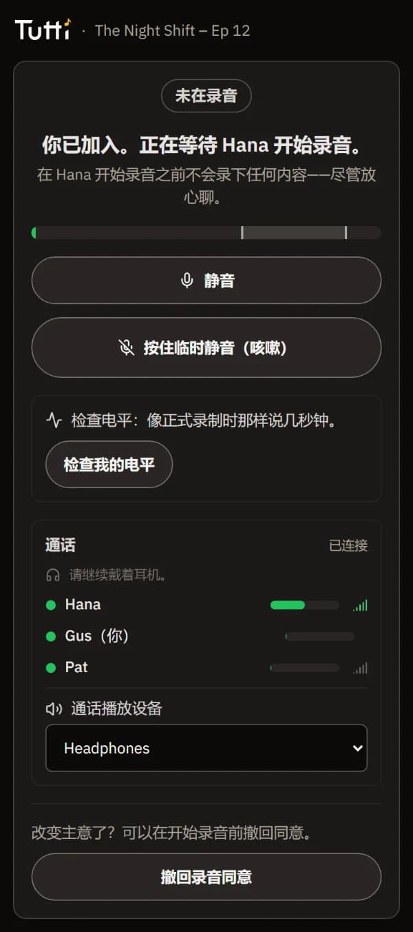 等待室：尚未录音，等待 Hana 开始，下方是通话和每个人的电平。