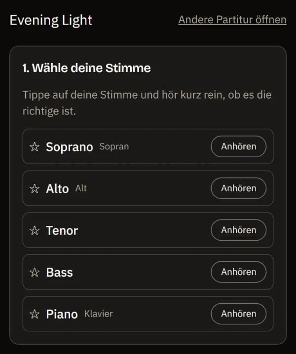 Die Beispielpartitur Evening Light auf dem Handy: Wähle deine Stimme, mit Soprano, Alto, Tenor, Bass und Piano, jeweils mit Anhören.