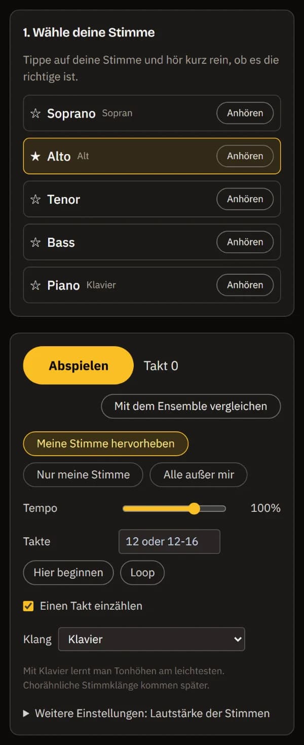 Alto gewählt und mit Stern markiert; darunter der Player mit Abspielen, Mit dem Ensemble vergleichen, Meine Stimme hervorheben gewählt, Tempo, Taktfeld und Klavierklang.