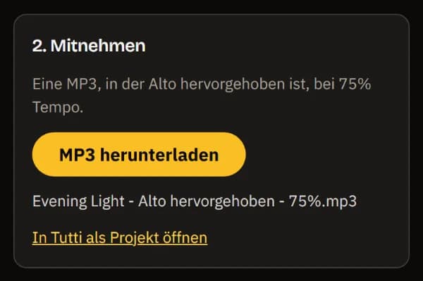 Zum Mitnehmen: ein MP3 mit hervorgehobenem Alto bei 75 % Tempo, MP3 herunterladen, der Dateiname Evening Light - Alto highlighted - 75%.mp3 und In TuttiDAW öffnen.