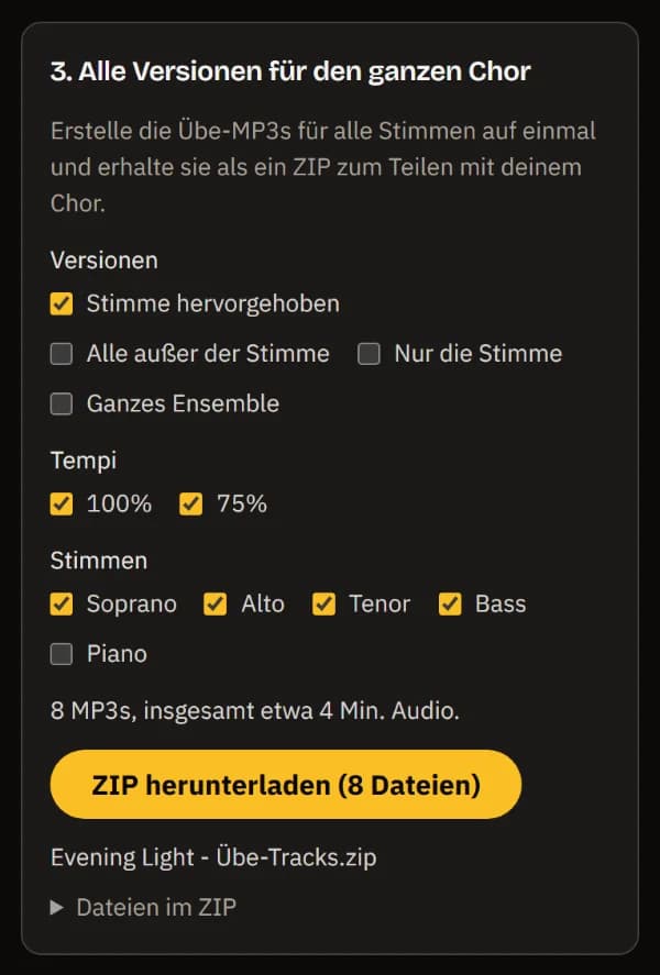 Alle Versionen für den ganzen Chor: Stimme hervorgehoben bei 100 % und 75 % für Soprano, Alto, Tenor und Bass, 8 MP3s, ZIP herunterladen und der Name des ZIPs.