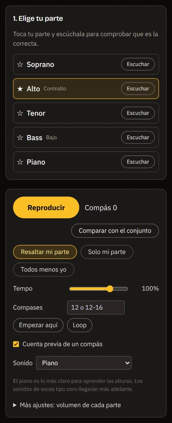 Alto elegida y marcada con estrella; debajo, el reproductor con Reproducir, Comparar con el conjunto, Destacar mi voz elegido, el tempo, el cuadro de compases y el sonido de piano.