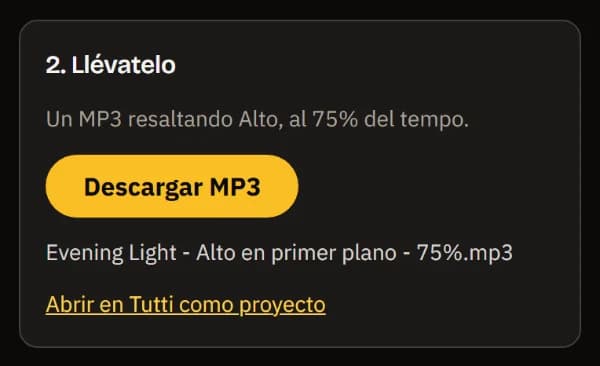 Llévatela: un MP3 con Alto destacada al 75 % de tempo, Descargar MP3, el archivo Evening Light - Alto highlighted - 75%.mp3 y Abrir en TuttiDAW.