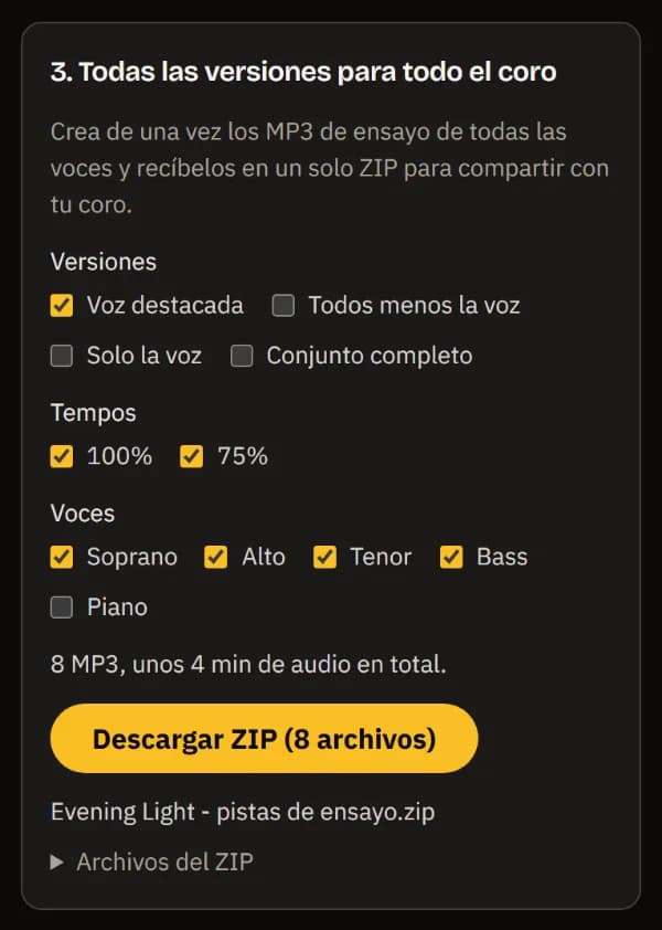 Todas las versiones para el coro: voz destacada al 100 % y al 75 % para Soprano, Alto, Tenor y Bass, 8 MP3, Descargar ZIP y el nombre del ZIP.