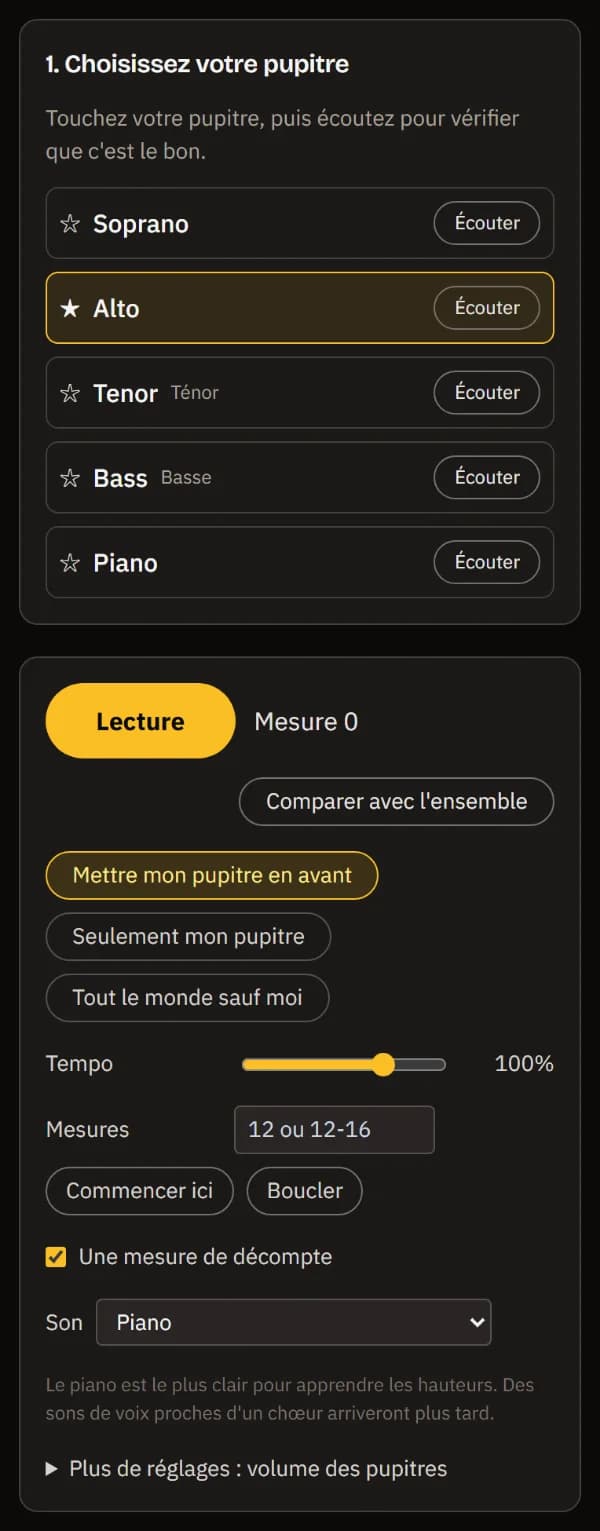 Alto choisie et marquée d'une étoile ; en dessous, le lecteur avec Lecture, Comparer avec l'ensemble, Mettre ma voix en avant choisi, le tempo, le champ des mesures et le son de piano.