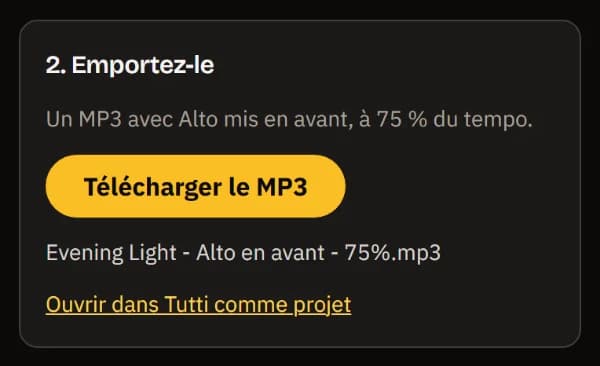 Emportez-la : un MP3 avec Alto mise en avant à 75 % du tempo, Télécharger le MP3, le fichier Evening Light - Alto highlighted - 75%.mp3 et Ouvrir dans TuttiDAW.