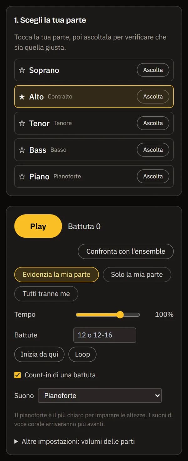 Alto scelta e segnata con la stella; sotto, il lettore con Riproduci, Confronta con l'insieme, Metti in evidenza la mia parte scelto, il tempo, il campo delle battute e il suono di pianoforte.