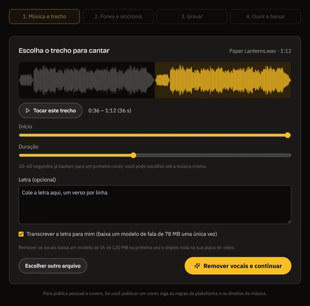 Paper Lanterns.wav solta: a forma de onda com o trecho de 0:36 a 1:12 marcado, os controles de início e duração, uma caixa para a letra e Remover a voz e continuar.