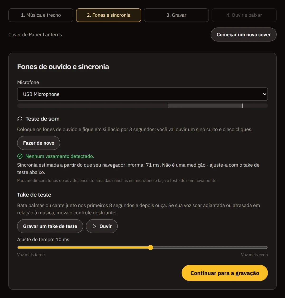 Fones e sincronia: USB Microphone com o nível, Nenhum vazamento detectado, o atraso estimado, Gravar um teste, Ouvir e o controle de ajuste da sincronia.