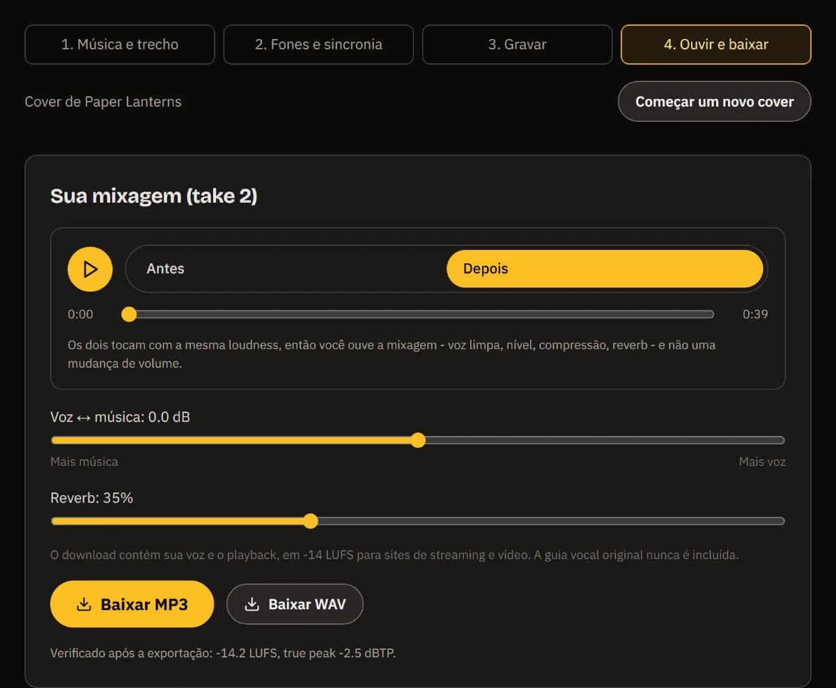 Sua mixagem (tomada 2): o player Antes/Depois, o equilíbrio voz-música e o reverb em 35%, Baixar MP3 e WAV, e a exportação conferida em -14 LUFS.