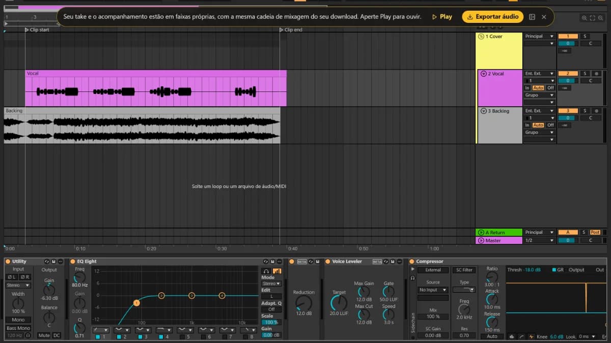 O editor do TuttiDAW com o cover de Paper Lanterns: as faixas Vocal e Backing entre os marcadores Clip start e Clip end e, abaixo, o EQ, o nivelador e o compressor da voz.