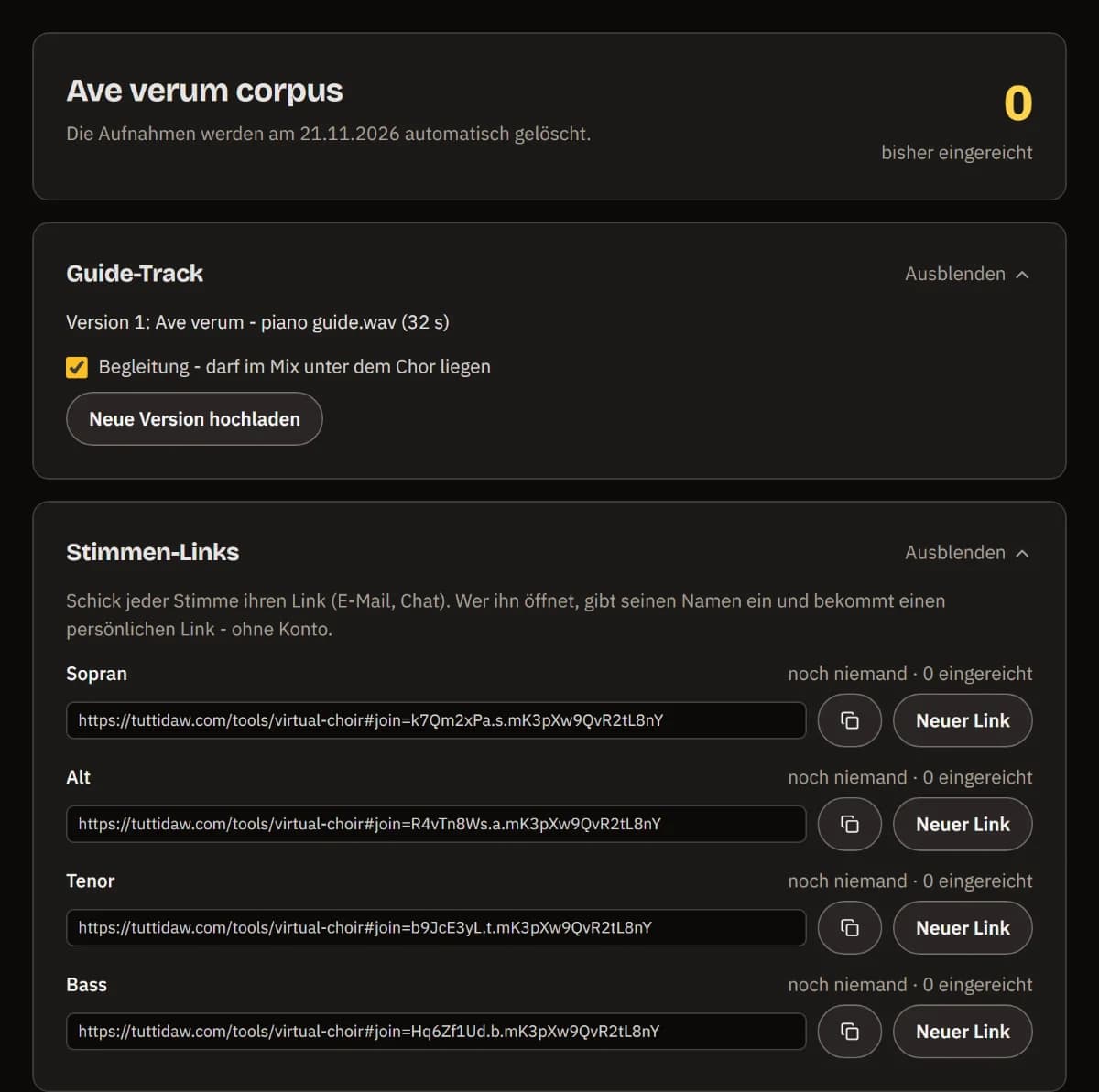 Das Dashboard von Ave verum corpus: bisher 0 eingereicht, Guide-Version 1 und für jede der vier Stimmen ein Link mit Kopieren-Knopf.
