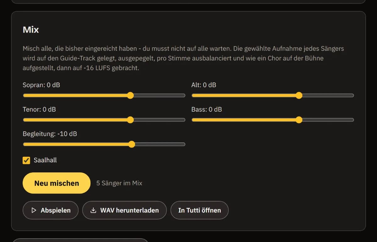 Das Mix-Feld: ein Pegel pro Stimme und für die Begleitung, Saalhall, 5 Sänger im Mix, dazu Abspielen, WAV herunterladen und In TuttiDAW öffnen.