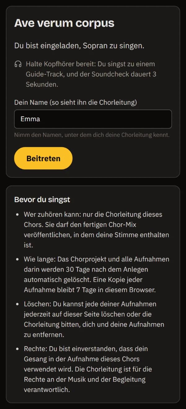 Der Sopran-Link auf einem Handy: Ave verum corpus, der Hinweis, Kopfhörer bereitzuhalten, der Name Emma und Beitreten.