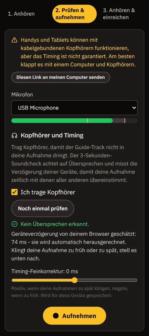 Prüfen & aufnehmen auf einem Handy: Mikrofon mit Pegel, Ich trage Kopfhörer angehakt, kein Übersprechen erkannt, die Geräteverzögerung und Aufnehmen.