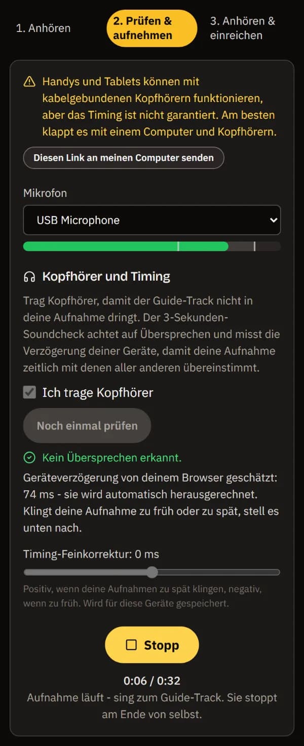 Aufnahme auf einem Handy: Stopp, die gesungene Zeit des 32 Sekunden langen Guides und Aufnahme läuft - sing zum Guide-Track.