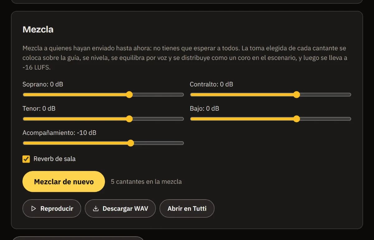 El panel Mezcla: un nivel por voz y para el acompañamiento, Reverb de sala, 5 cantantes en la mezcla, y Reproducir, Descargar WAV y Abrir en TuttiDAW.
