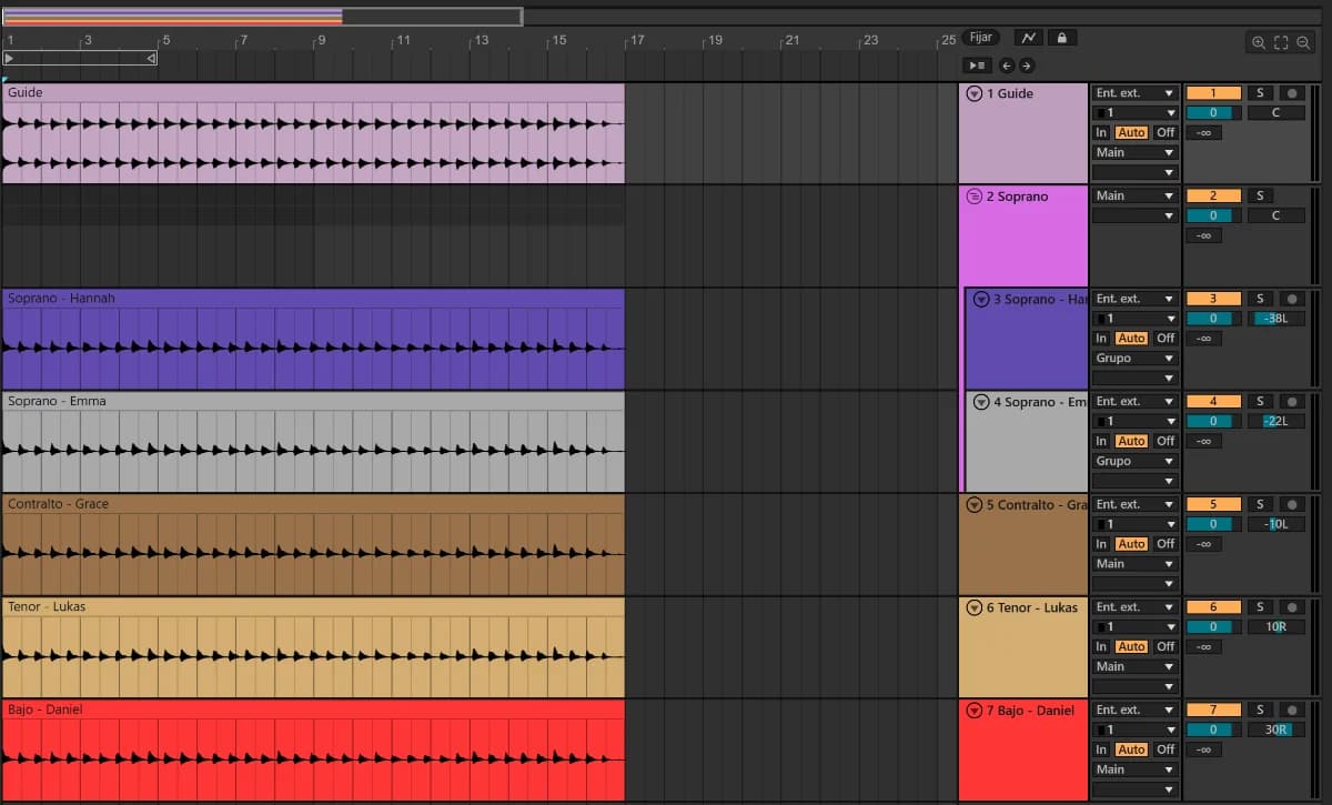 El editor de TuttiDAW con la guía y una pista por cantante - Hannah, Emma, Grace, Lukas y Daniel - agrupadas por voz.