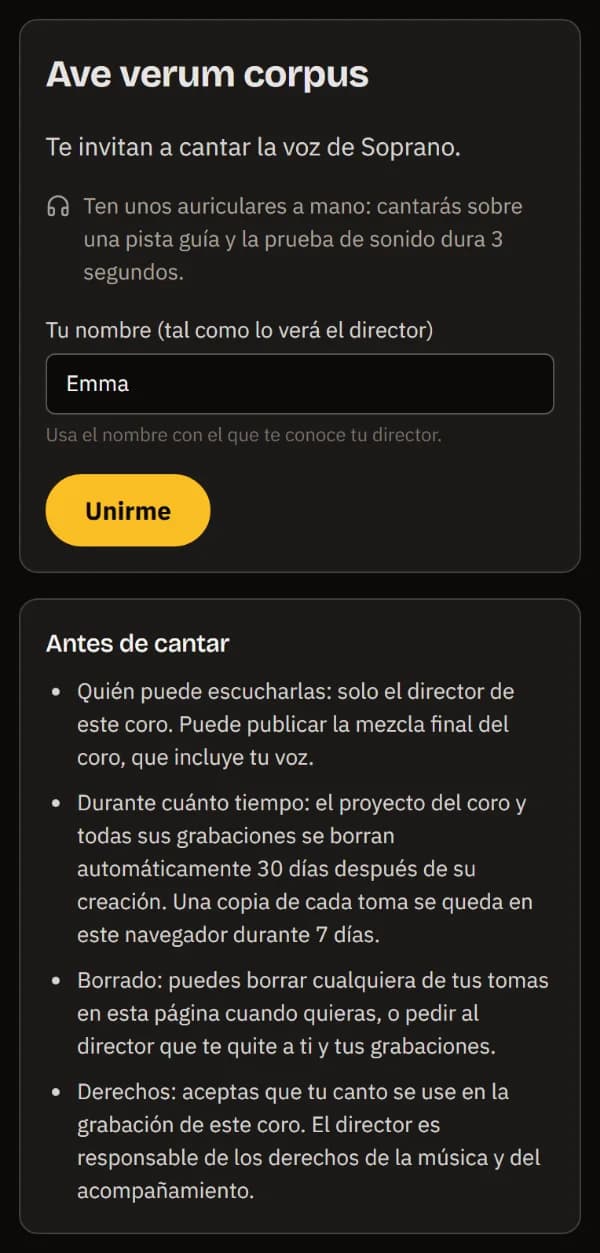El enlace de Soprano en un teléfono: Ave verum corpus, un aviso para tener auriculares a mano, el nombre Emma y Unirme.