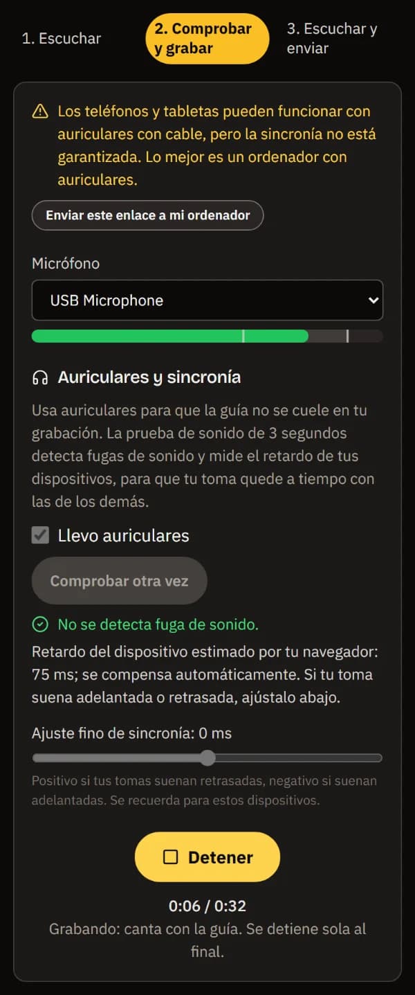 Grabando en un teléfono: Detener, el tiempo cantado de los 32 segundos de la guía y Grabando: canta con la guía.