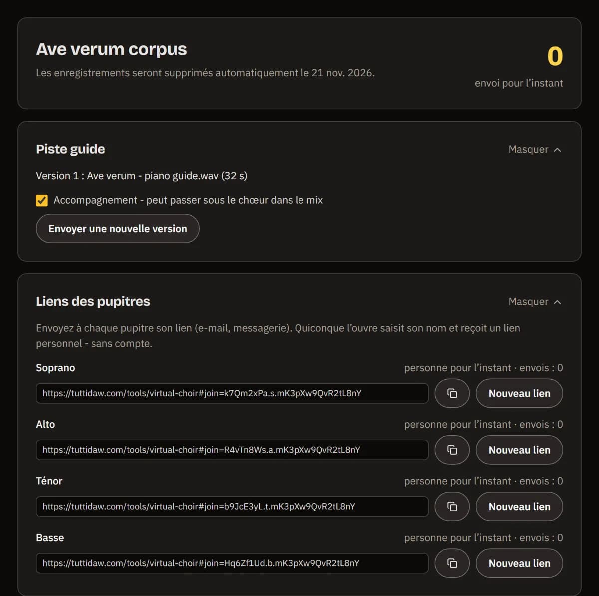 Le tableau de bord d’Ave verum corpus : 0 envoi pour l’instant, la piste guide en version 1 et un lien à copier pour chacun des quatre pupitres.