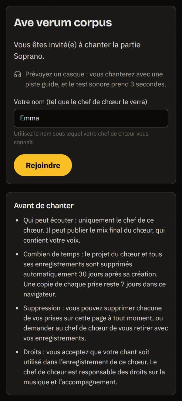 Le lien du pupitre Soprano sur un téléphone : Ave verum corpus, un rappel de prévoir un casque, le prénom Emma et Rejoindre.
