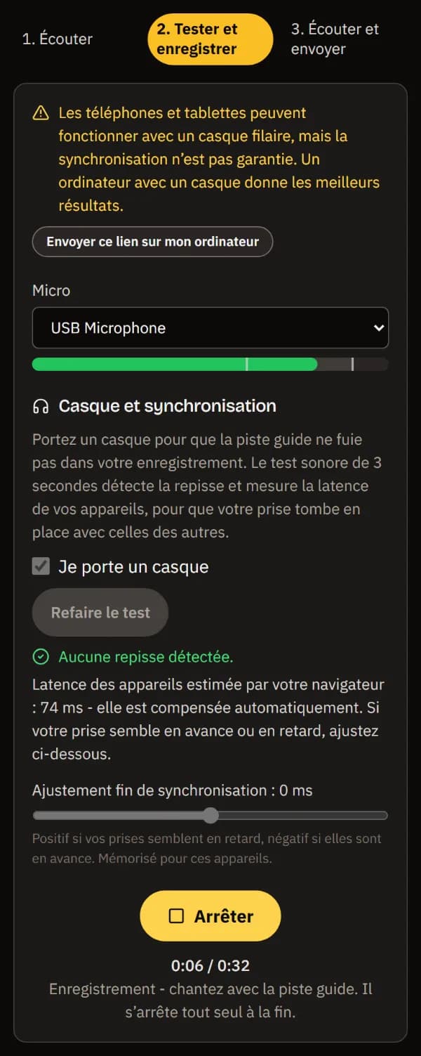 Enregistrement sur un téléphone : Arrêter, le temps chanté sur les 32 secondes du guide et Enregistrement - chantez avec la piste guide.