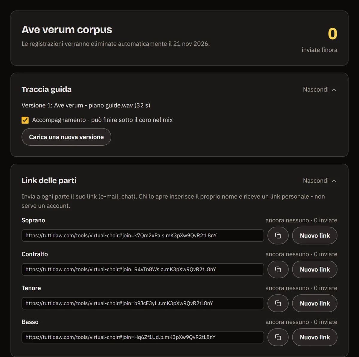 La dashboard di Ave verum corpus: 0 inviate finora, la guida alla versione 1 e un link da copiare per ciascuna delle quattro parti.