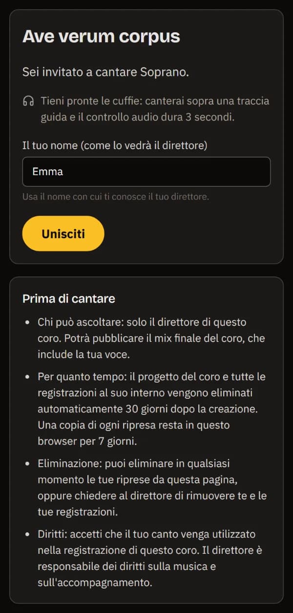 Il link dei Soprani su un telefono: Ave verum corpus, l’invito a tenere pronte le cuffie, il nome Emma e Unisciti.