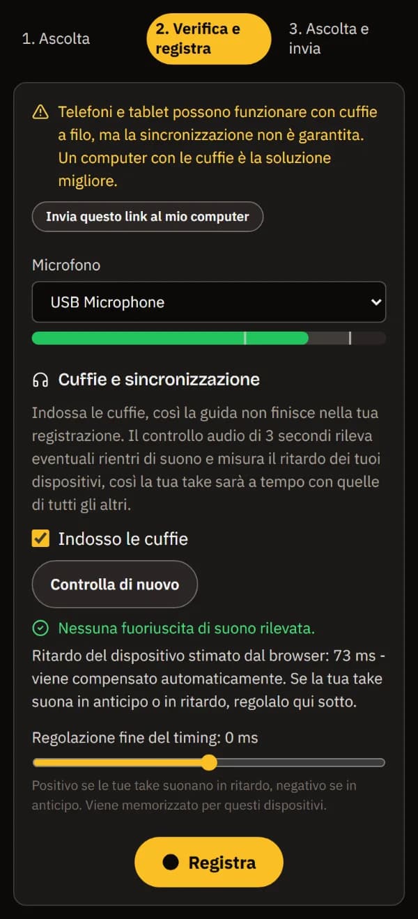 Verifica e registra su un telefono: il microfono e il suo livello, Indosso le cuffie spuntato, nessuna fuoriuscita di suono, il ritardo del dispositivo e Registra.